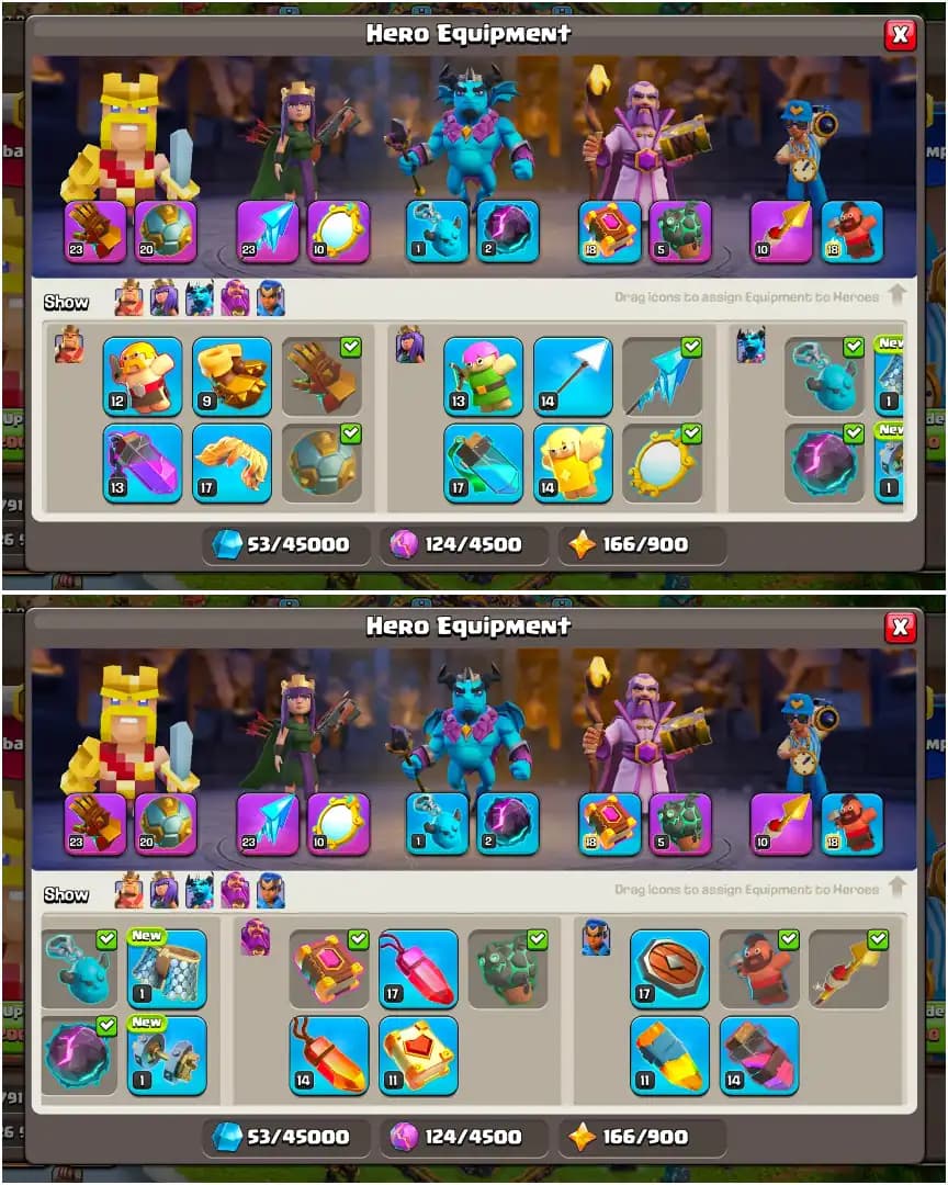 [HIGH EQUIPMENT] TH16 MAX TYPE ➤NC YES ➤2569 WS ➤HEROES: 82-85-62-57-31 ➤XP-221 ➤2600 GEMS ➤6B ➤GOLDEN WALL ➤FULL ACCESS | HIGH DFC