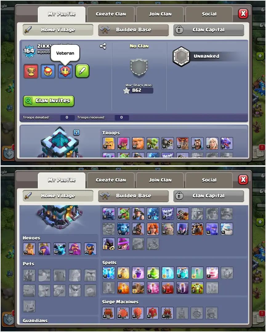 200% MAX [NOTHING LEFT] TH13 FULL MAX ➤ALL EPIC HIGH ➤HEROES: 75-75-50-50-25 ➤NC YES ➤860+WS ➤6B ➤XP-165 | TO BUYER MAIL
