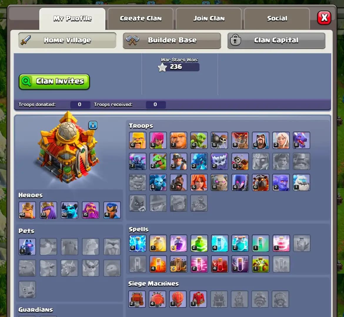 SUPER CHEAP [NC FREE] ➤TH16 DONATION ➤236 WS ➤HEROES: 44-32-27-14-2 ➤FA-17/SB YES ➤4X SIEGE ➤GD TROOPS ➤FULL ACCESS