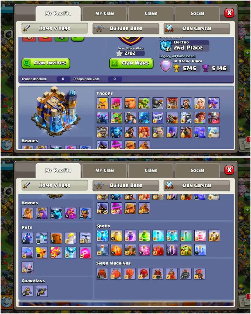[Almost 10 Epic Max] Th18 Close Max | Max Wall | Max Dfc | Nc 500 | Heroes: 100-101-88-77-52 | Max Troops | 2782 Ws | Full Access | Xp-239