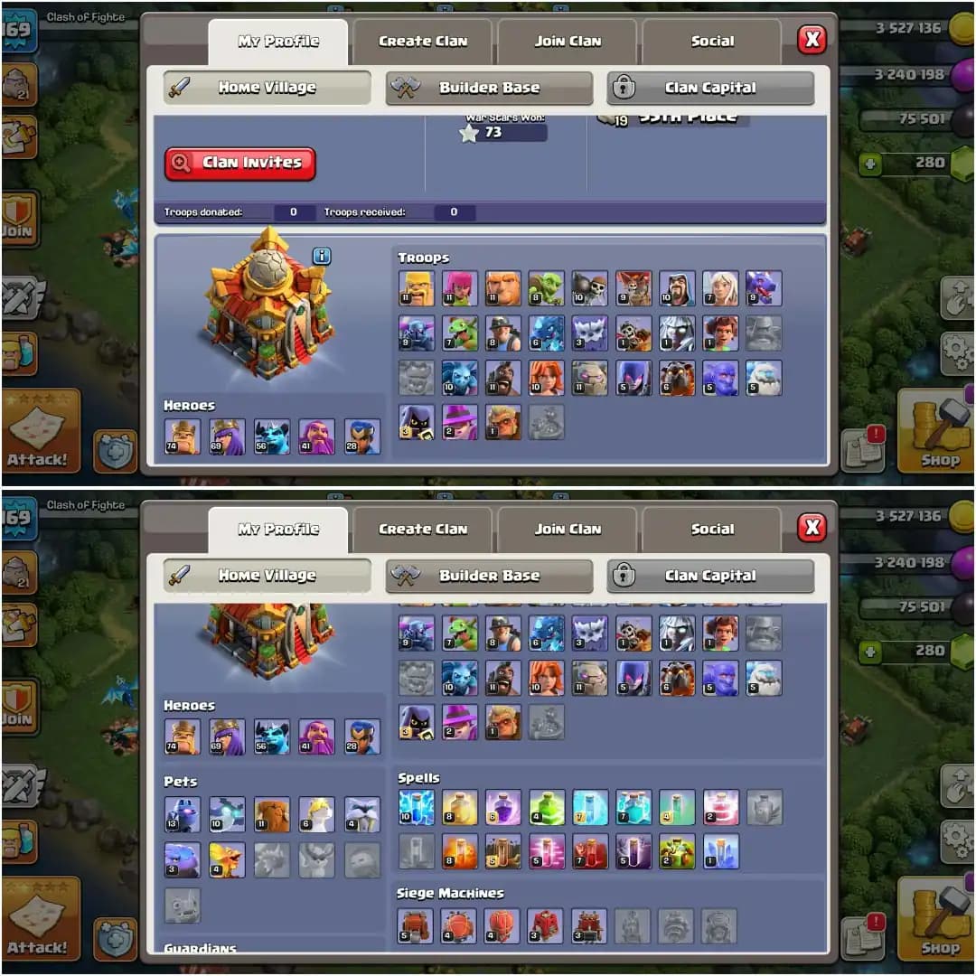 MARKET CHALLENGE PRICE✦TH 16 PURPLE WALL ACC✦HERO|74|69|56|41|28✦HIGH EPIC GD LEVEL✦VERY HIGH DEFENCE✦PET SIEGE GOOD✦ 6B✦TROOPS LEVEL AWESOME✦