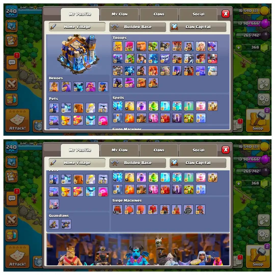[Wow Deal] Th18 Fully max ➤Heroes:-105/105/95/80/55 ➤8 epic Max ➤125 wall max ➤Defence Max ➤Pets/Army Max ➤Nc-1.5k | Full Access