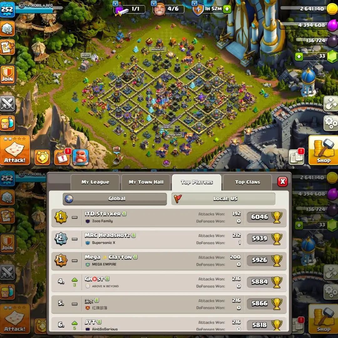 US Local Th18 Near Max➜War Arena Scenery➜10 Epic Max➜5X Scenery➜15X Skins➜League Skin➜Hero:102-103-91-78-53➜3273WS➜Full Access