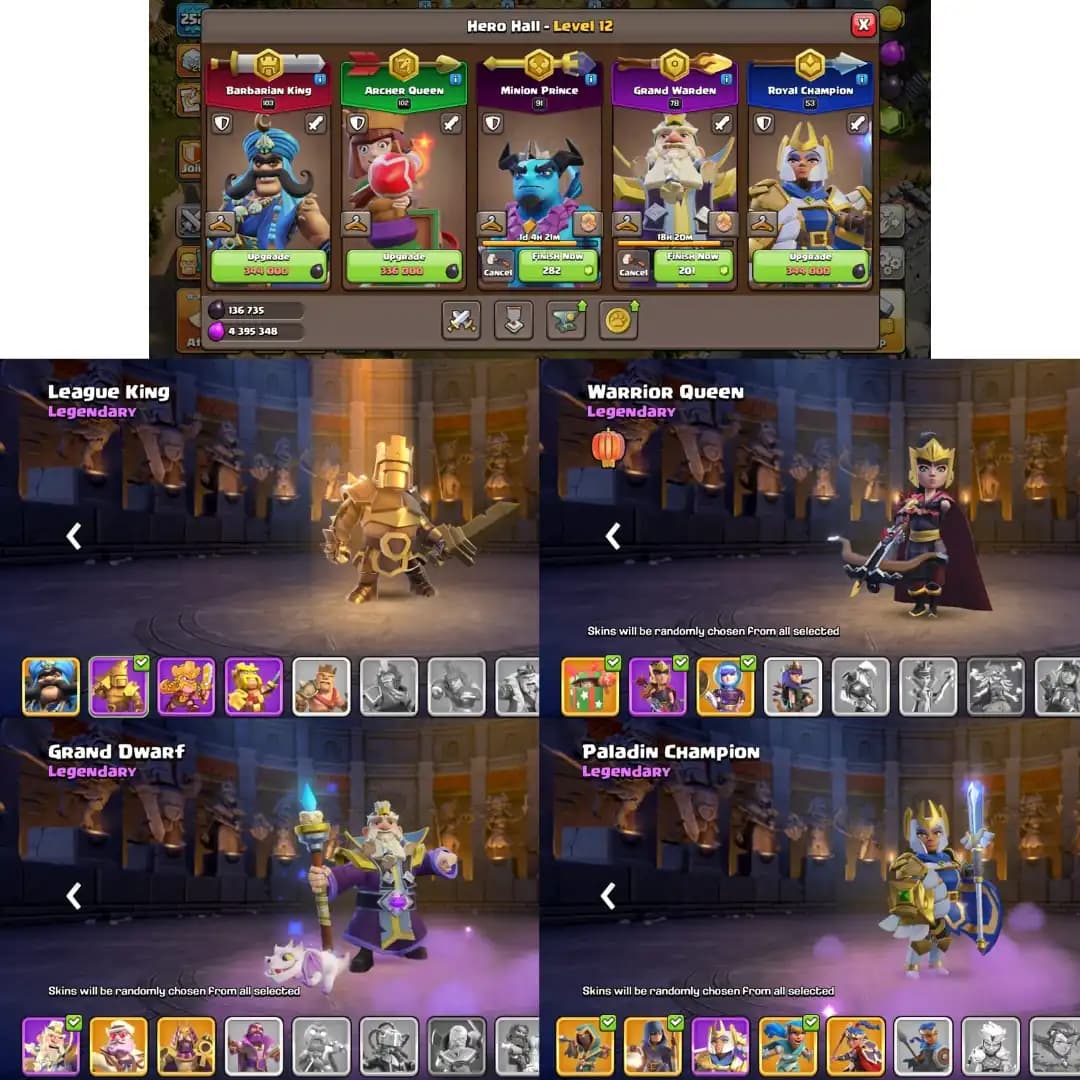 US Local Th18 Near Max➜War Arena Scenery➜10 Epic Max➜5X Scenery➜15X Skins➜League Skin➜Hero:102-103-91-78-53➜3273WS➜Full Access