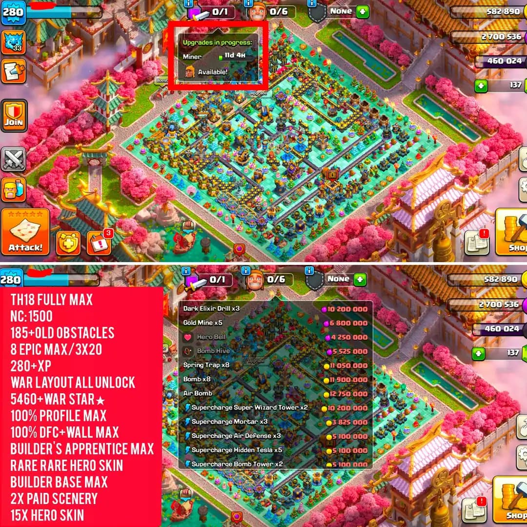 [Best Deal] Th18 Fully Max [185+ Old Obstacles] [100% Max Profile] [5 Heroes Max] Almost 11 Epic Max [5468 Ws] [100% Wall Max] Xp-280 | B.B 100% Max