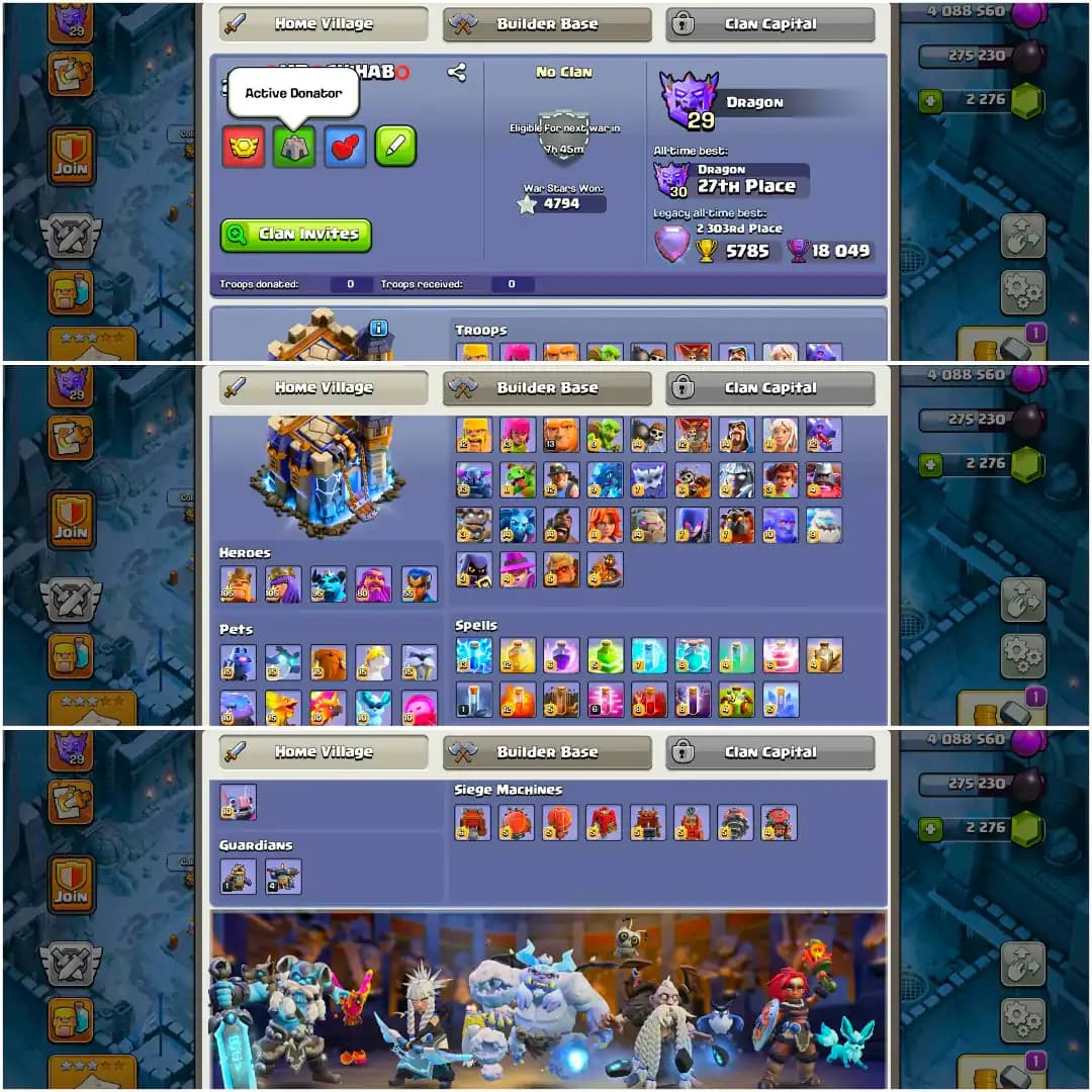 [Top Deal] Th18 Fully Max | 100% Max Profile | 8 Epic Max | 6x Scenery | 32x Hero Skin | Max Dfc | Max Hero | 4794 Ws | B.B 200% Max | Nc Yes