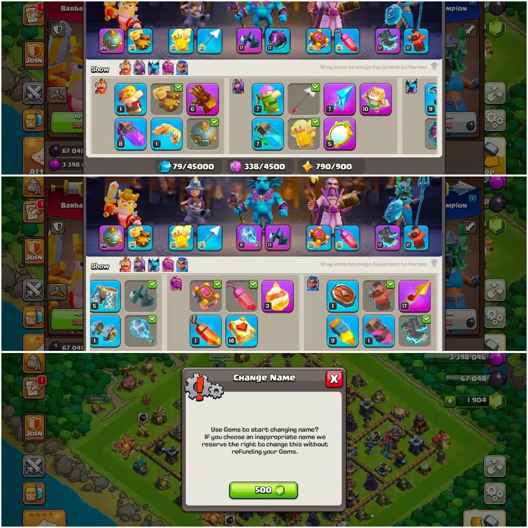 [10 Epic Avl] [Super Cheap] Th16 Near Max [High Hero] Nc Yes | Heroes: 82-86-65-40 | Golden+ Purpel Wall | 6B | 1900 Gems | Full Access | Scenery
