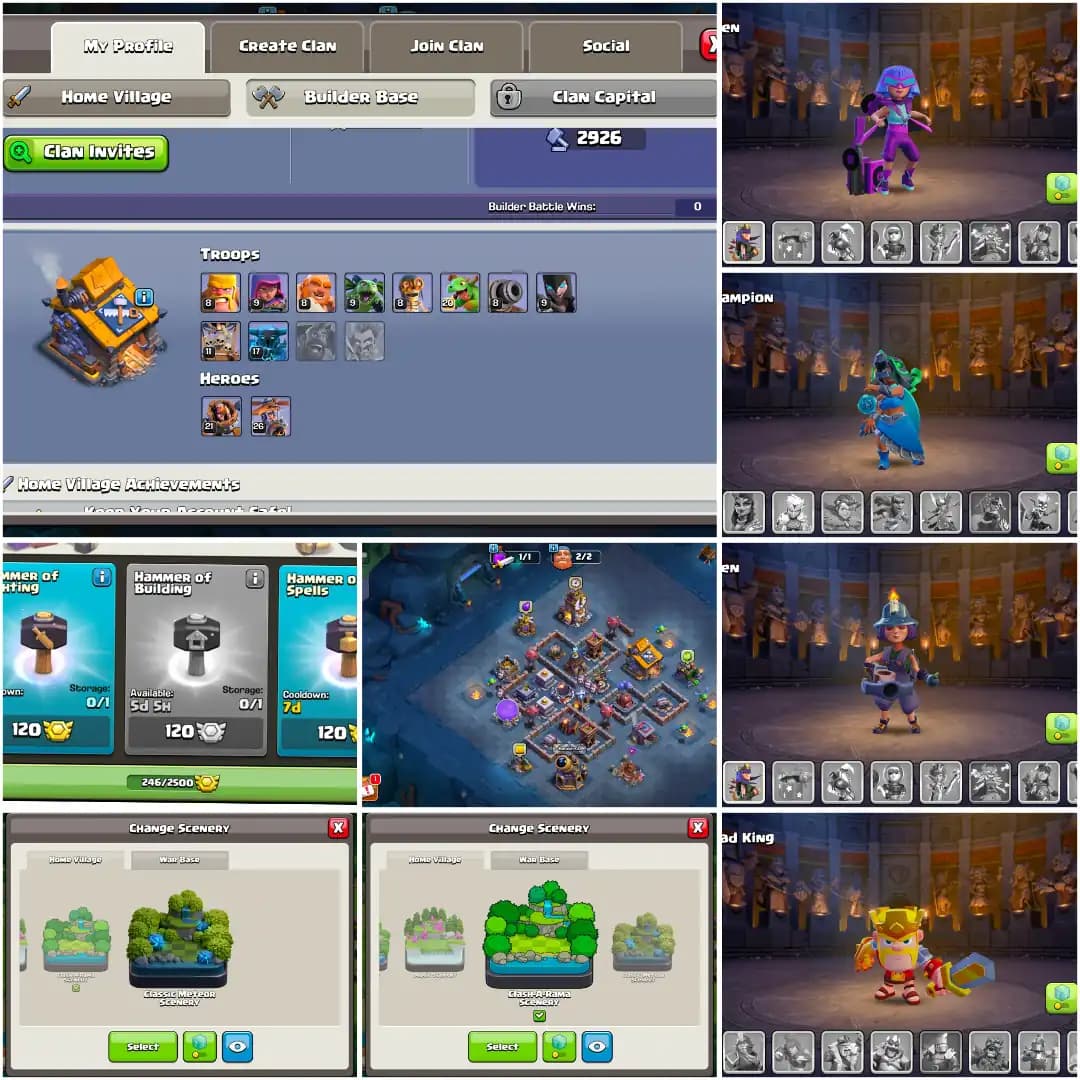 [10 Epic Avl] [Super Cheap] Th16 Near Max [High Hero] Nc Yes | Heroes: 82-86-65-40 | Golden+ Purpel Wall | 6B | 1900 Gems | Full Access | Scenery