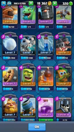 ACC LEVEL 24 | KT LEVEL 9 | ARENA 15 | Trophies 5026 | 85 Cards | 10 Emotes | Free Name Change | 1 Evolution | (Hero Obtainable)