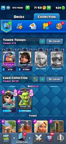 ACC LEVEL 26 | KT LEVEL 10 | ARENA 15 | Trophies 5000 | 92 Cards | 9 Emotes | Free Name Change | 1 Evolution | (Hero Obtainable)