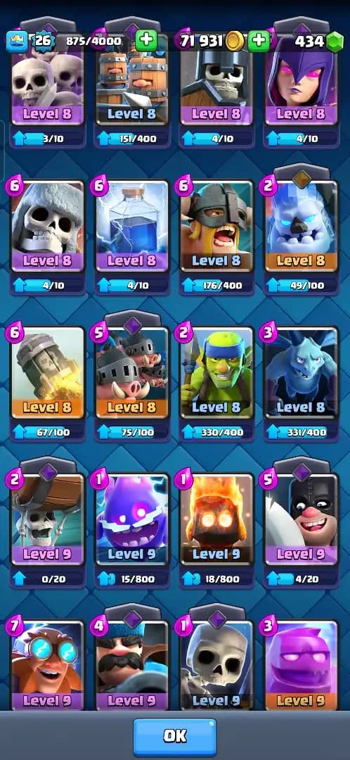 ACC LEVEL 26 | KT LEVEL 10 | ARENA 15 | Trophies 5000 | 92 Cards | 9 Emotes | Free Name Change | 1 Evolution | (Hero Obtainable)