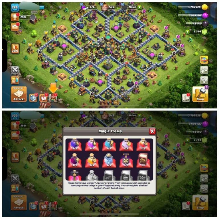 TH14 NEAR MAX BASE⚡️3 EPIC EQUIPMENTS⚡️XP- 159⚡️HERO 57-68-43-46-15⚡️BLUE WALLS ⚡️2744 GEMS⚡️3 SKINS⚡️MAGIC ITEMS ⚡️NC FREE⚡️OP LAB ⚡️