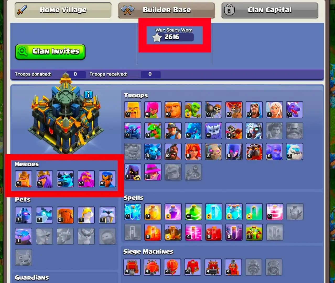 [Very Best Deal] [XP-213] Th17 Best Donation | 2616 High Ws | High Heroes: 75-75-62-57-32 | Nc Yes | Gd Troops | 6x Pets | Full Access | High Dfc