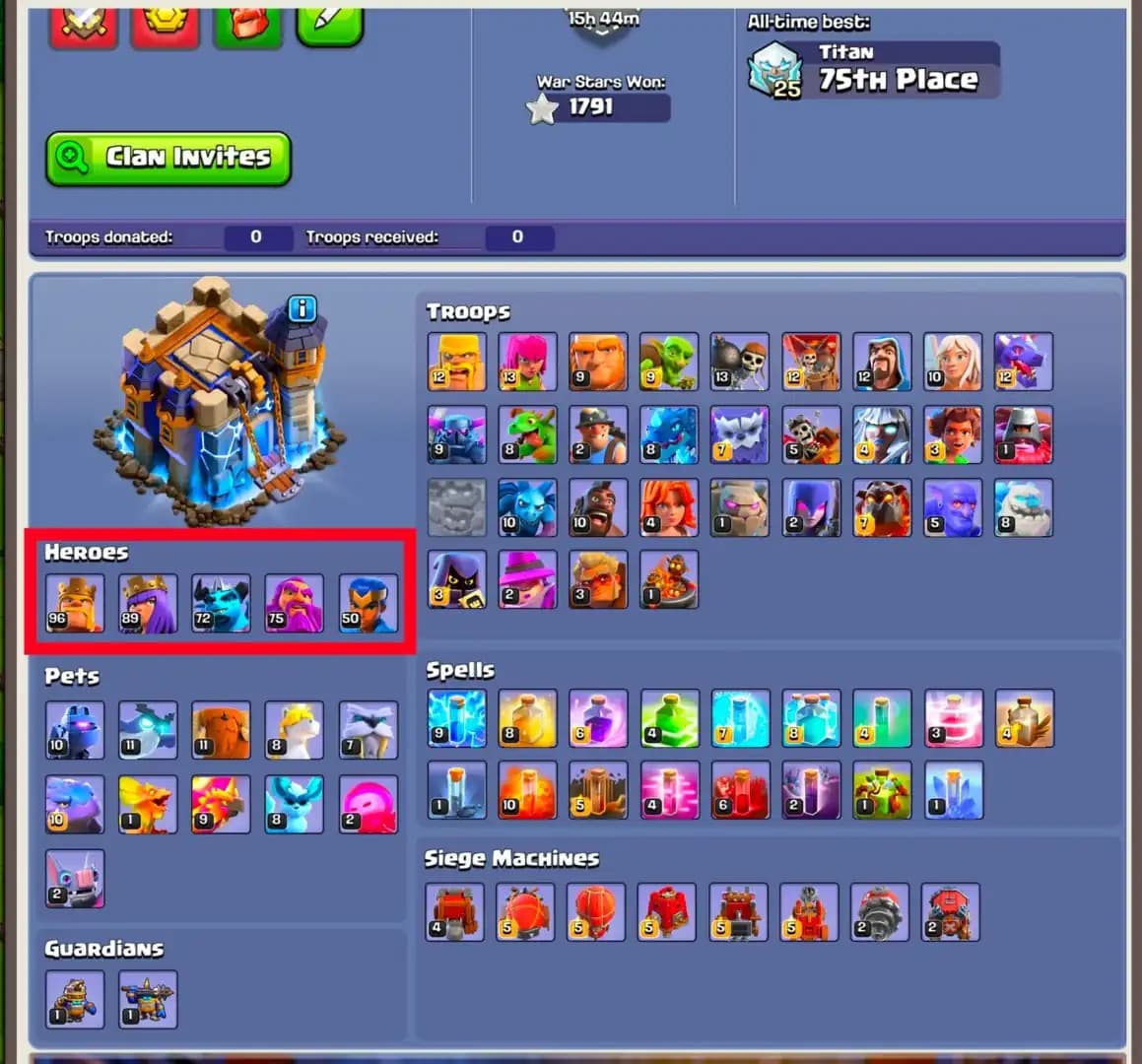 [Nc Free] [Very Best Deal] Th18 Near Max | 3× Epic Max+3× 26 Lvl | Heroes: 96-89-72-75-50 | Xp-222 | B.B Max | Max Type Troops | Full Access