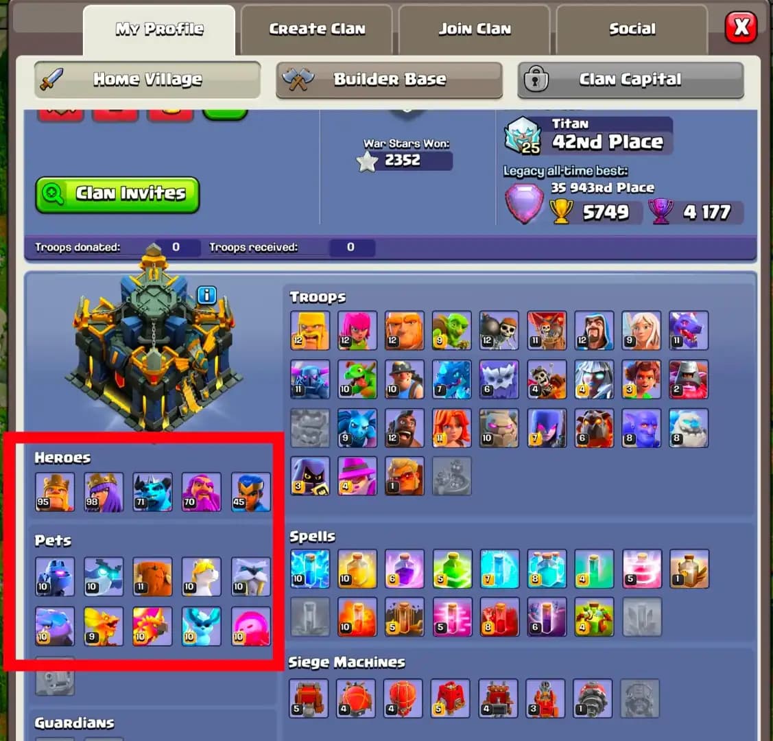 [Top Deal] Th17 Near Max [1 Epic Max/2 Epic 26 Lvl] 14x Skin | Heroes: 95-98-71-70-45 | Max Type Pets | High Dfc+ Wall | Xp-246 | Full Access