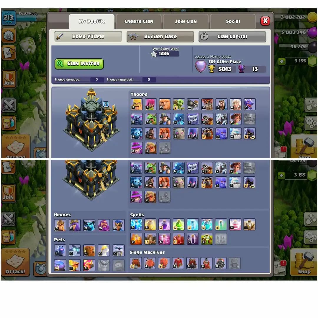 TH 17 HIGH QUALITY ACC✦ YELLOW WALL✦HERO|71|71|51|55|30✦HIGH EPIC✦NC YES ✦9X HERO SKIN✦831 CWL✦ 213 LEVEL✦6B✦HIGH PET SIEGE DFC