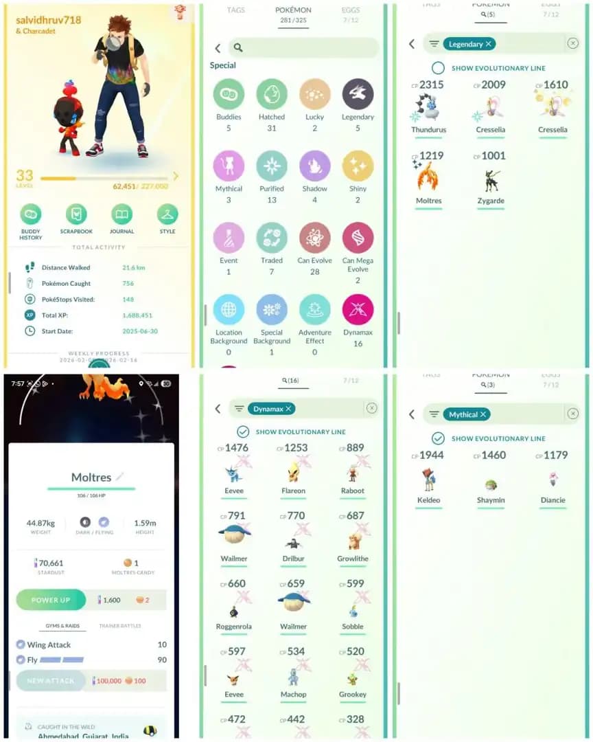 R135 | Level33 | 5 Legendary | 3 Mythical | 2 Shiny | Shiny Galar Moltress Tradable Ultra Ball | 16 Dmax | Mini Account