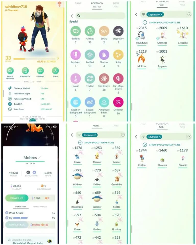 R135 | Level33 | 5 Legendary | 3 Mythical | 2 Shiny | Shiny Galar Moltress Tradable Ultra Ball | 16 Dmax | Mini Account