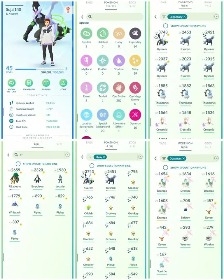 R124 | Level45 | 14 Legendary | 39 Shiny | 2 Shiny Legend | Shiny Fused Black Kyurem | Hundo Lucario | 7 Hundo | Stacked Account