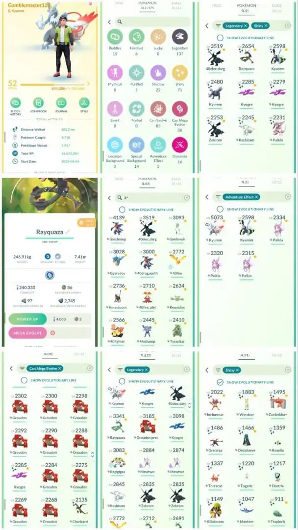 R121 | Level52 | 137 Legendary | 71 Shiny | 9 Shiny Legend | Mega Shiny Rayquaza | Shiny Fused Black Kyurem | White Fused Kyurem |