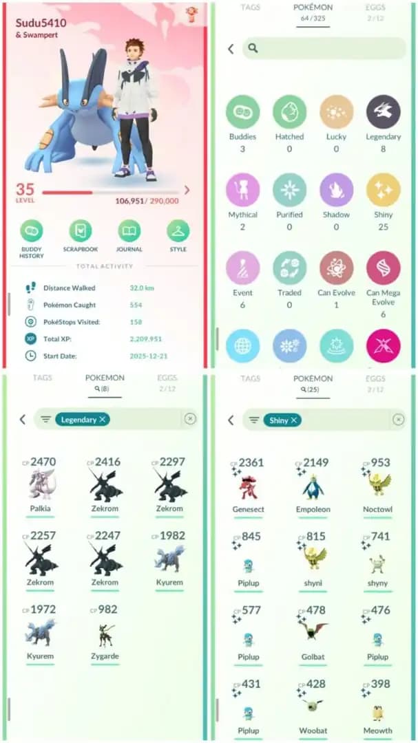 R111 | Level35 | 8 Legendary | 25 Shiny | Zekrom | Kyurem | Palkia | Shiny Gensect | Costume Shiny | Mini Account