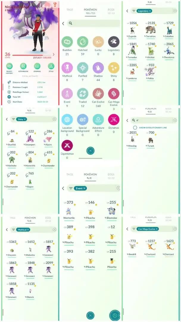 R94 | Level36 | 8 Legendary | 8 Shiny | Shadow Palkia | Shiny Charmendar | Mega Charizard | 9 Costume Pokemons | 8 Mythical |