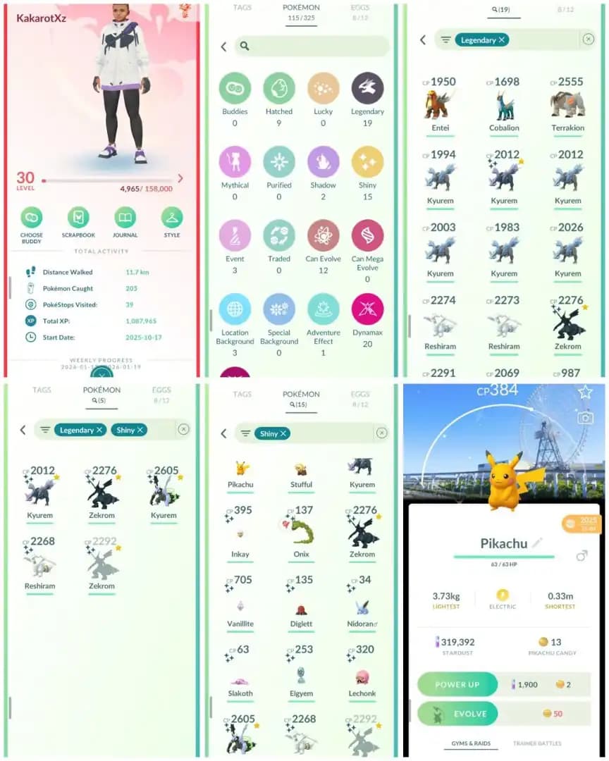 R92 | Level30 | 19 Legendary | 15 Shiny | 5 Shiny Legend | Shiny Black Fused Kyurem | Shiny Reshiram | Shiny Location Background Pikachu |