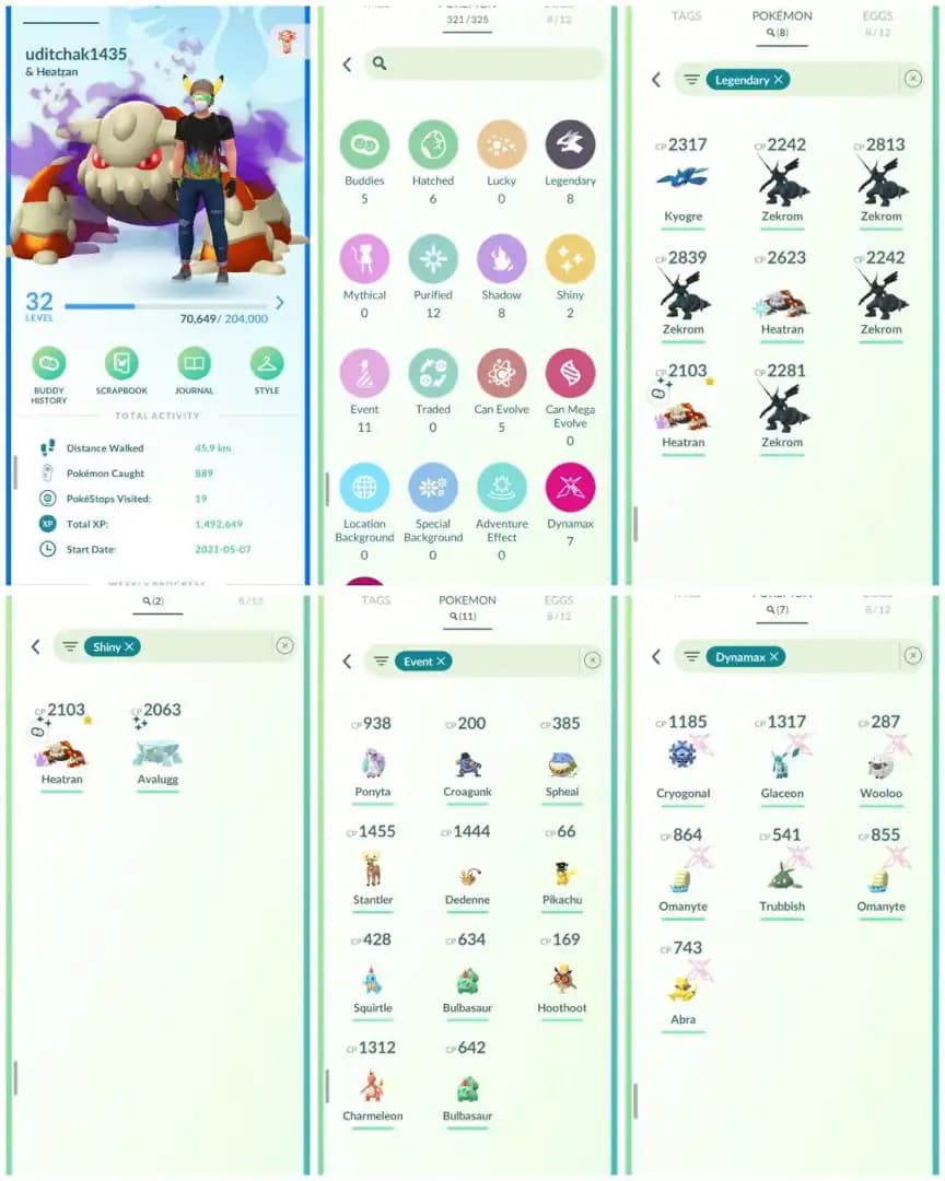 R76 | Level32 | 8 Legendary | 2 Shiny | 1 Shiny Heatran | 11 Costume Pokemons | 7 Dmax | Zekrom | Starter Account