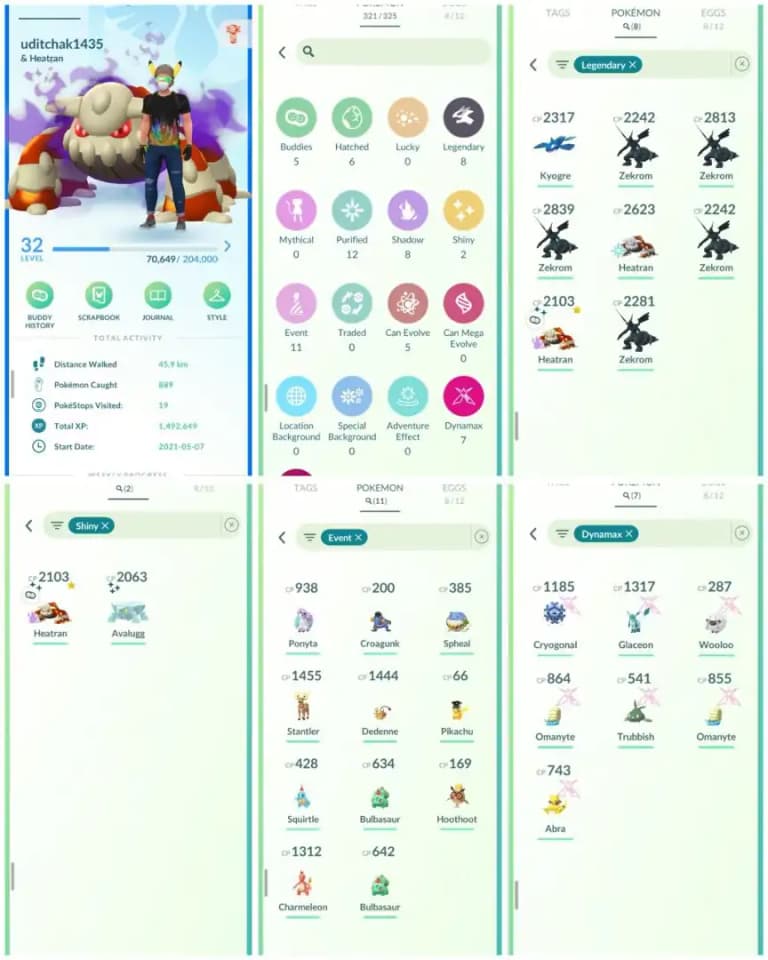 R76 | Level32 | 8 Legendary | 2 Shiny | 1 Shiny Heatran | 11 Costume Pokemons | 7 Dmax | Zekrom | Starter Account