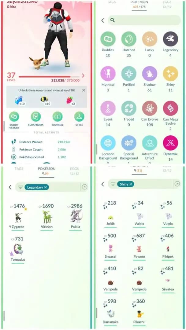 R72 | Level37 | 4 Legendary | 11 Shiny | Palkia | Costume Shiny Pikachu | 14 Costume Pokemons | Stacked Account