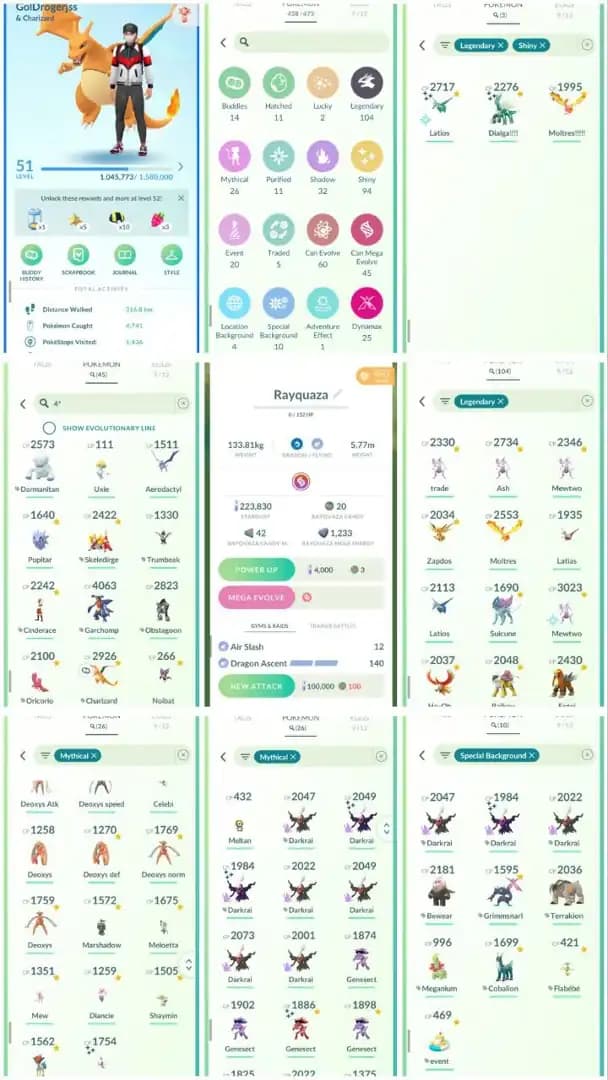 R61 | Level51 | 104 Legendary | 94 Shiny | 3 Shiny Legend | 45 Hundo | Mega Rayquaza | Shiny Special Background Darkrai | Mewtwo |