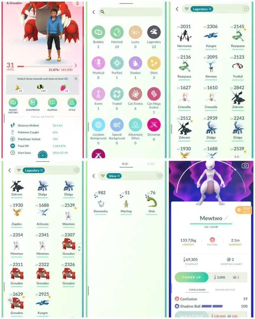 R36 | Level31 | 23 Legendary | 3 Shiny | 3 Mewtwo | Shiny Onix | Shiny Machop | Groudon | Kyogre | Zekrom | Rayquaza | Necrozma | Dailga |