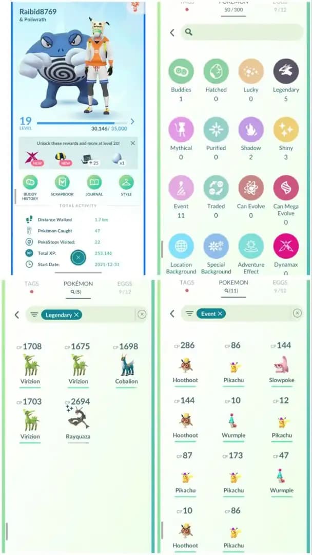 R29 | Level19 | 5 Legendary | 3 Shiny | 1 Shiny Rayquaza | 11 Costume Pokemons | 2021 Account