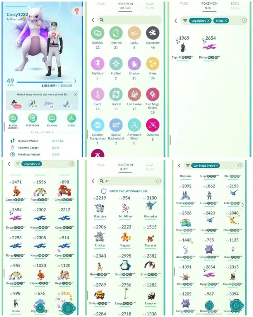 VF44 | Level49 | 46 Legendary | 36 Shiny | 2 Shiny Legend | Shadow Mewtwo | Shiny Mega Kyogre | Mega Lucario | 2 Galar Zapdos | 87 Hundo |
