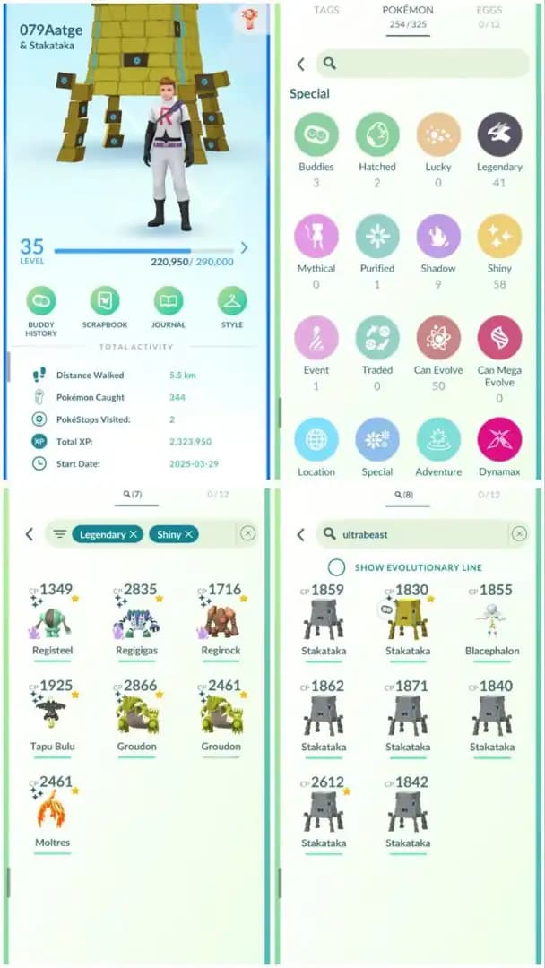 R21 | Level35 | 41 Legendary | 58 Shiny | 7 Shiny Legend | 2 Shiny Groudon Tradable | Shiny Galar Moltress Tradable | 1 Ultrabeast Shiny |