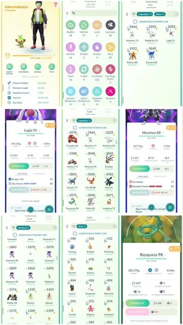 VJ2 | Level55 | 59 Legendary | 87 Shiny | Year2018 Rayquaza | Year 2018 Shiny Lugia Tradable | 2019 Armour Mewtwo Tradable |