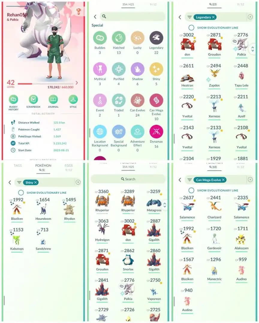 VJ5 | Level42 | 22 Legendary | 5 Shiny | Mega Gardevoir | Mega Charizard | Groudon | Zapdos | Palkia | Mini Account