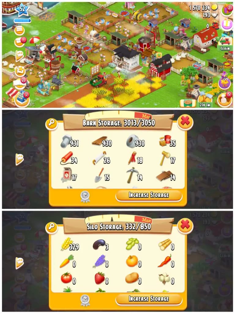 LEVEL 51 | 3000 BARN & 800 SILO | FULLY FILLED LAND TOOLS | 1.5M COINS & 193 DIAMONDS | FULLY STACKED | FULL ACCESS | IOS/ANDROID