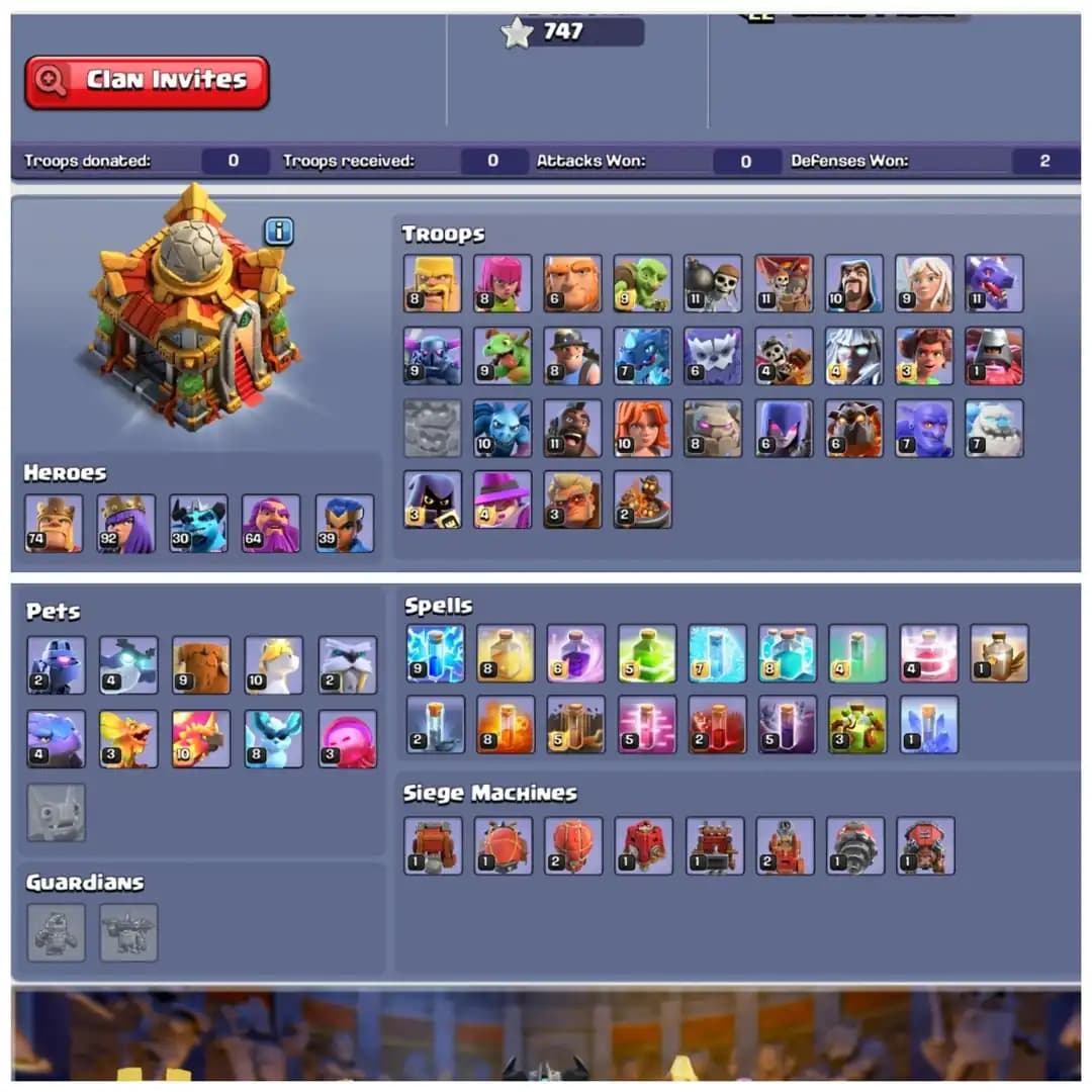 TH16 Premium Near Max | 13 Epic Equipments | Heroes: BK74 : AQ92 : MP30 : GW64 : RC39 | 600 CWL Medals & Stacked ClashTrees | Android/iOS