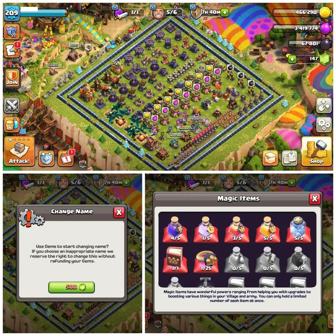 TH16 Premium Max Type : XP 209 | 5 Epic Equipments | Heroes: BK66 : AQ71 : MP51 : GW64 : RC37 | 6 Heroes Skins & Painter Scenary | Android/iOS