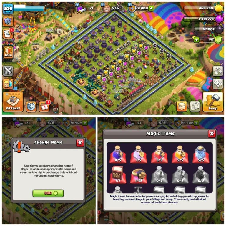 TH16 Premium Max Type : XP 209 | 5 Epic Equipments | Heroes: BK66 : AQ71 : MP51 : GW64 : RC37 | 6 Heroes Skins & Painter Scenary | Android/iOS