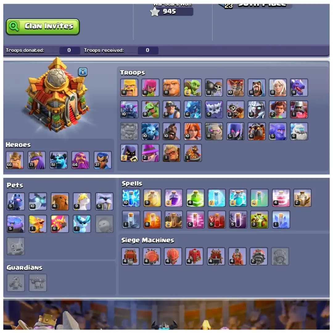 TH16 Premium Max Type : XP 209 | 5 Epic Equipments | Heroes: BK66 : AQ71 : MP51 : GW64 : RC37 | 6 Heroes Skins & Painter Scenary | Android/iOS