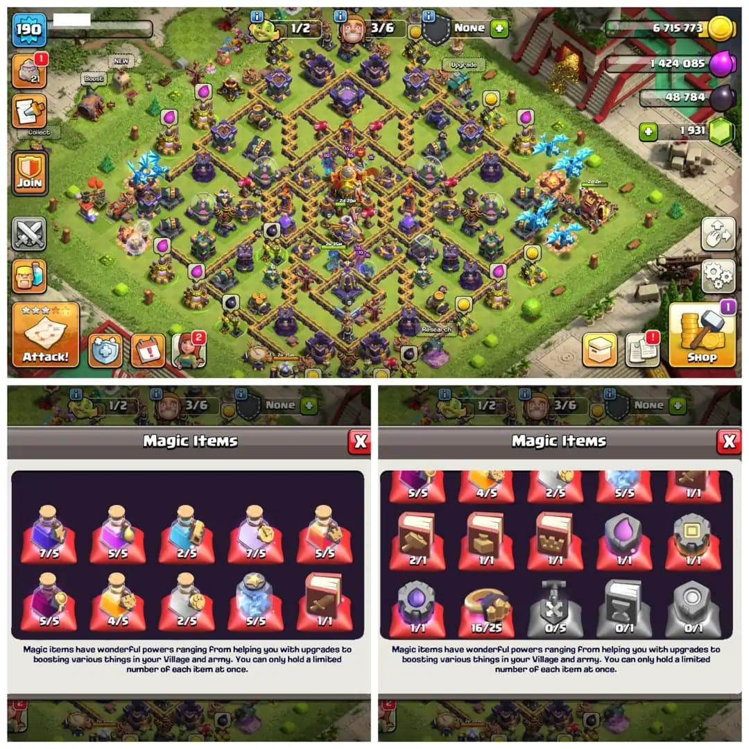 TH16 Premium Max Type | 2 Exclusive Scenaries & 10 Skins | Heroes: BK80 : AQ88 : MP55 : GW59 : RC32 | Fully Stacked& High Lvl Apprentice | Android/iOS