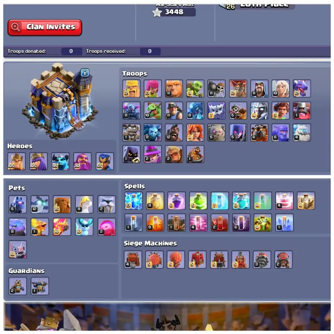 TH18 Almost Max Account : XP 248 | All Heroes Fully Maxed Out | 10 Epic Equipments & 6 Heroes Skins | 3400+ War Stars | Android/iOS