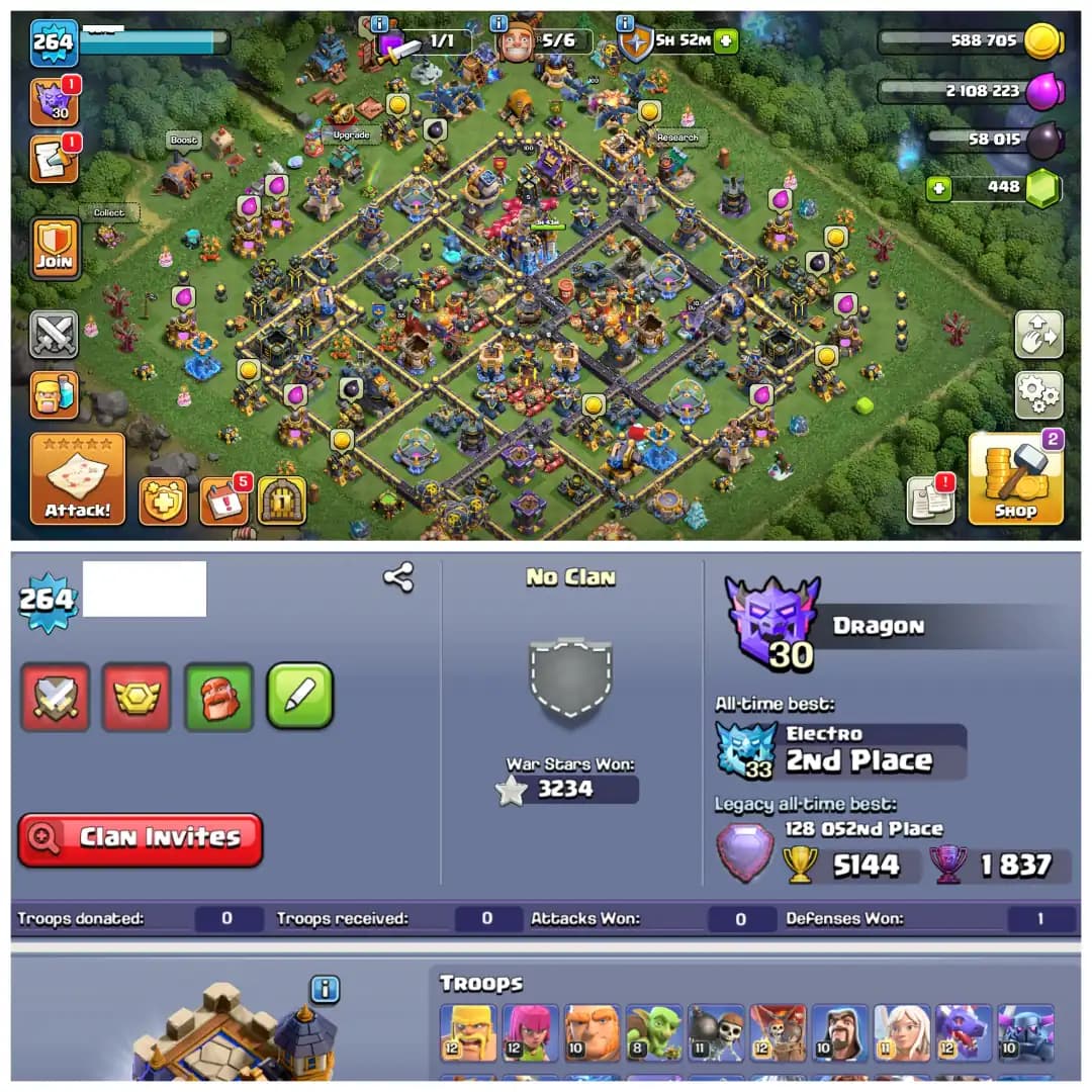 TH18 Premium Max 👑 XP 264 👑 Mostly Max Account 👑 19 Hero Skins 👑 Fully Stacked 👑 All 15 Epic Equipments 👑 5 Epics Max 👑 Instant Delivery