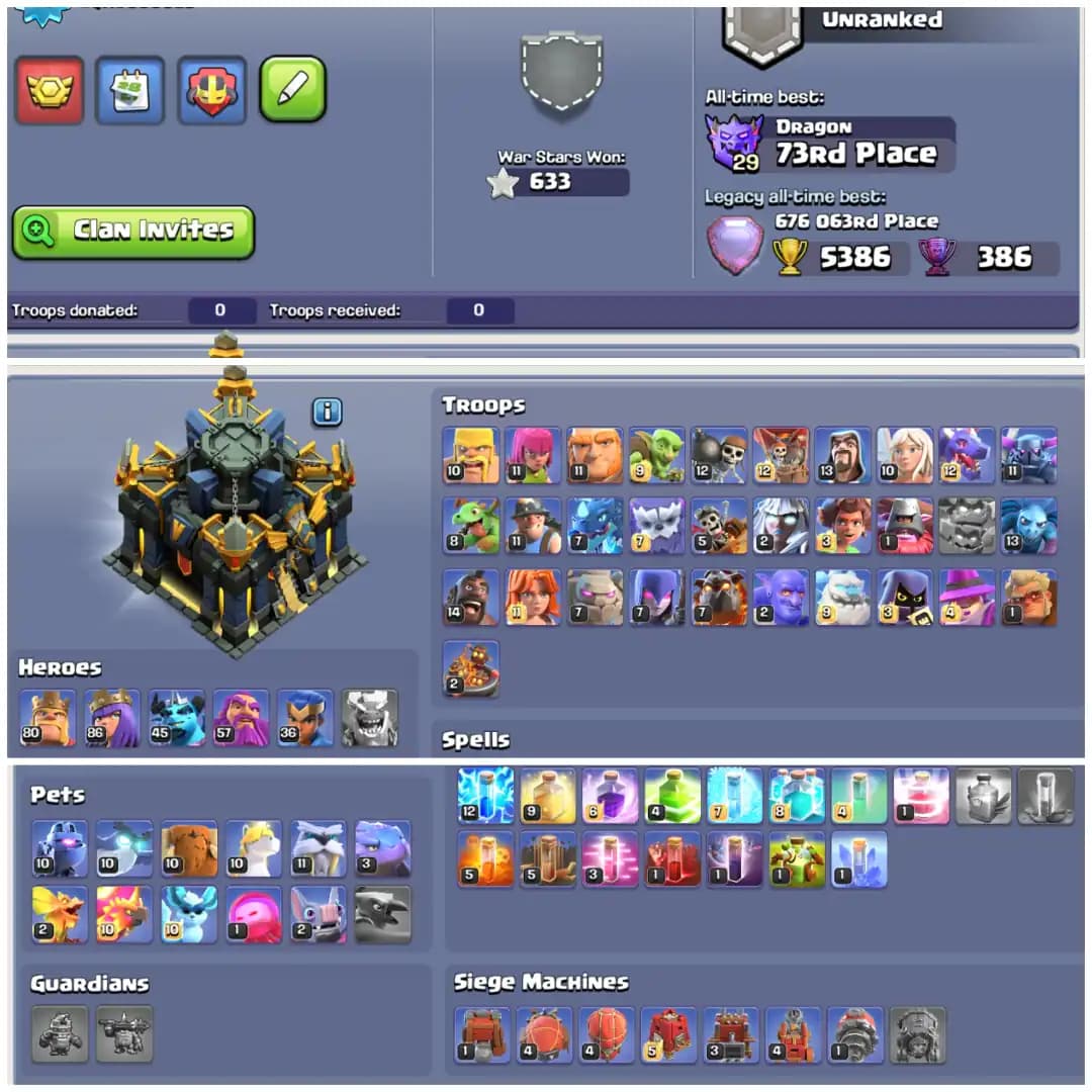 TH17 Near Max 💎 3400 Gems 💎 5 Epic Equipments 💎 1 Epic Max 💎 BK80 AQ86 MP45 GW57 RC36 💎 High Apprentice 💎 Instant Delivery
