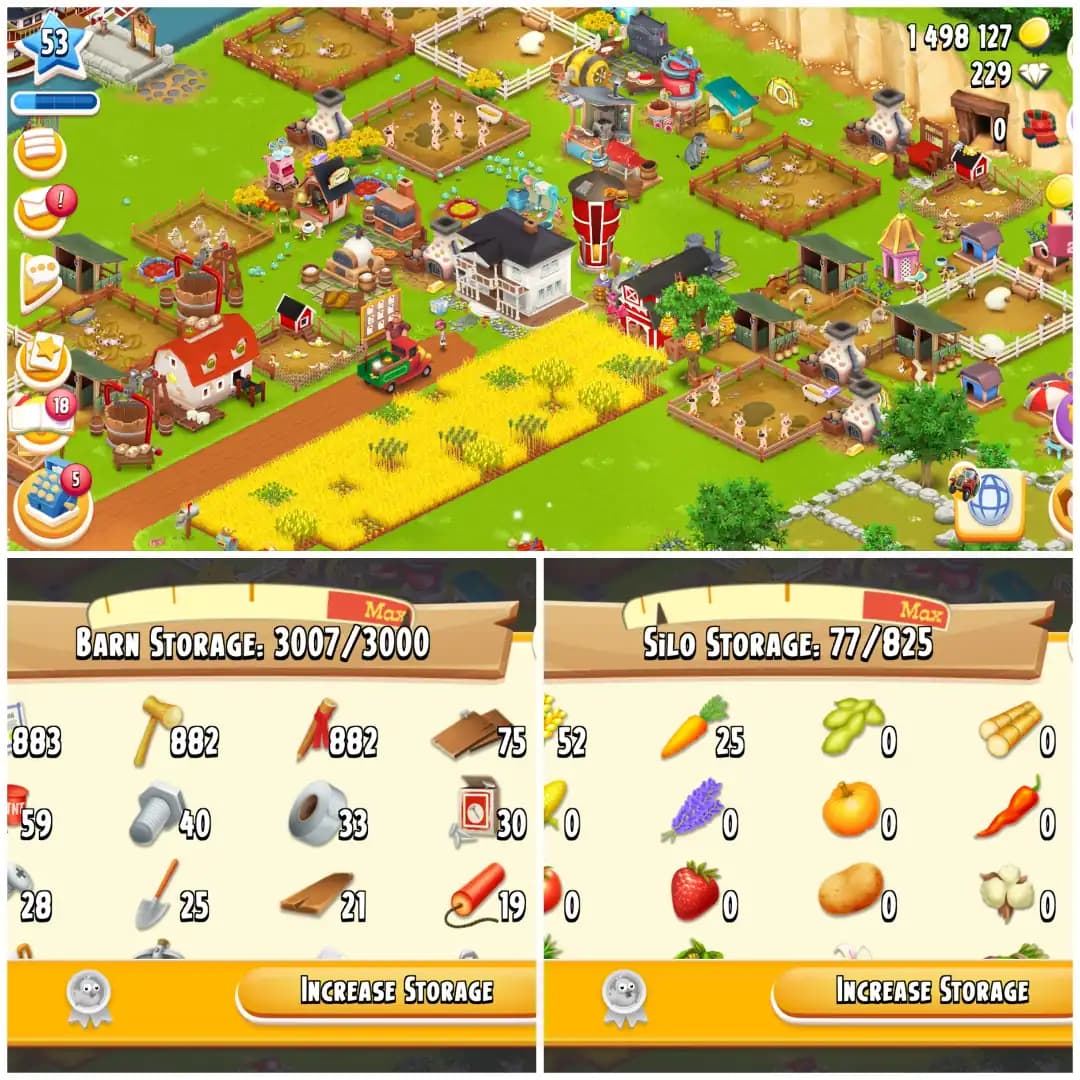 LEVEL 53 👑 3000 BARN 👑 800 SILO 👑 FULLY FILLED LAND TOOLS 👑 1.4M COINS 👑 229 DIAMONDS 👑 FULLY STACKED 👑 FULL ACCESS 👑 INSTANT DELIVERY