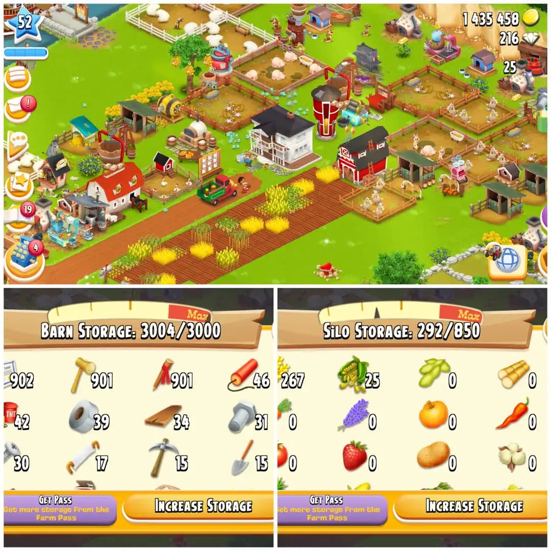 LEVEL 52 ⚔️ 3000 BARN ⚔️ 800 SILO ⚔️ FULLY FILLED LAND TOOLS ⚔️ 1.4M COINS ⚔️ 216 DIAMONDS ⚔️ FULLY STACKED ⚔️ FULL ACCESS ⚔️ INSTANT DELIVERY
