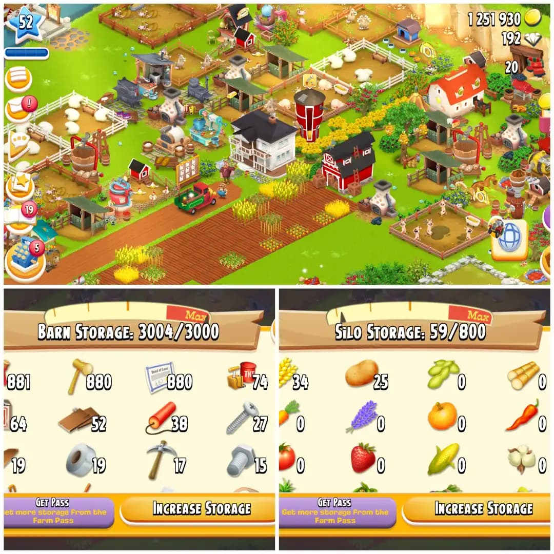 LEVEL 52 🔥 3000 BARN 🔥 800 SILO 🔥 FULLY FILLED LAND TOOLS 🔥 1.2M COINS 🔥 192 DIAMONDS 🔥 FULLY STACKED 🔥 FULL ACCESS 🔥 INSTANT DELIVERY