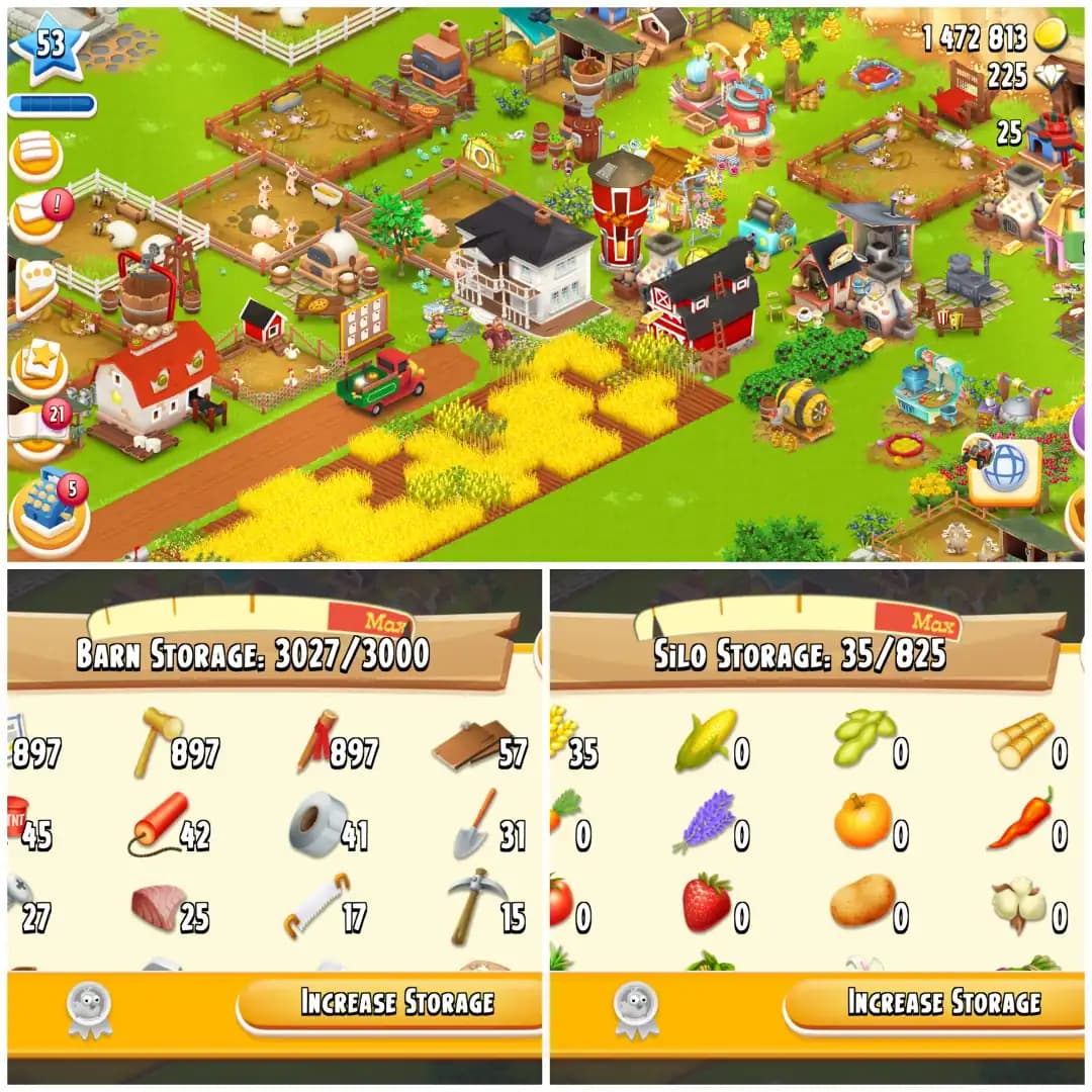 LEVEL 53 ⚡ 3000 BARN ⚡ 800 SILO ⚡ FULLY FILLED LAND TOOLS ⚡ 1.4M COINS ⚡ 225 DIAMONDS ⚡ FULLY STACKED ⚡ FULL ACCESS ⚡ INSTANT DELIVERY